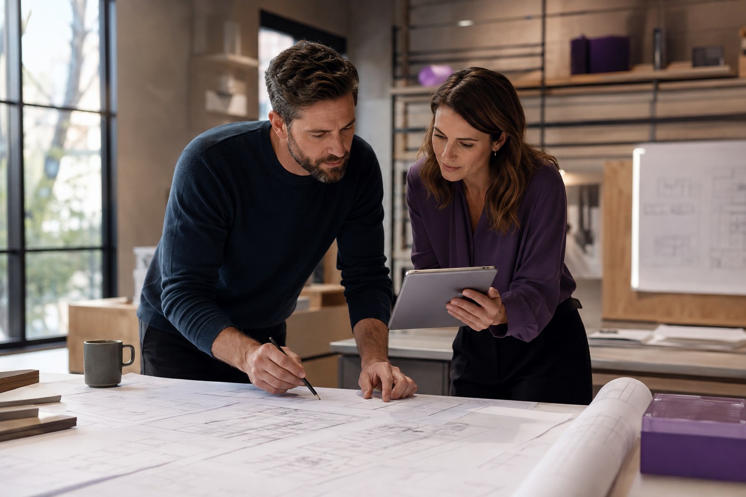 Professionals working through blueprints and a tablet together in a studio