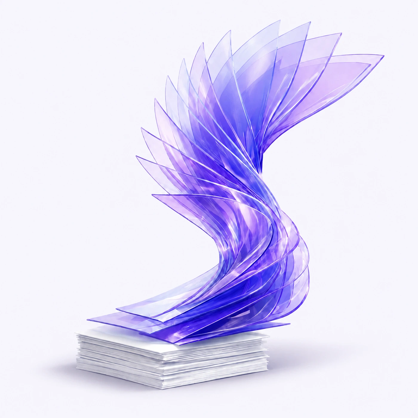 Translucent violet and periwinkle document sheets unfolding into an ascending glass sculpture