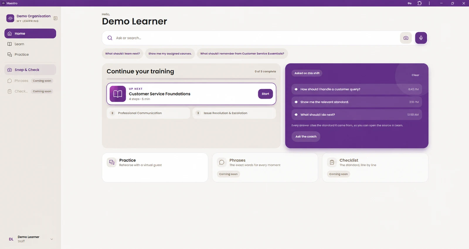 Maestro learner home with ongoing training and contextual coaching questions
